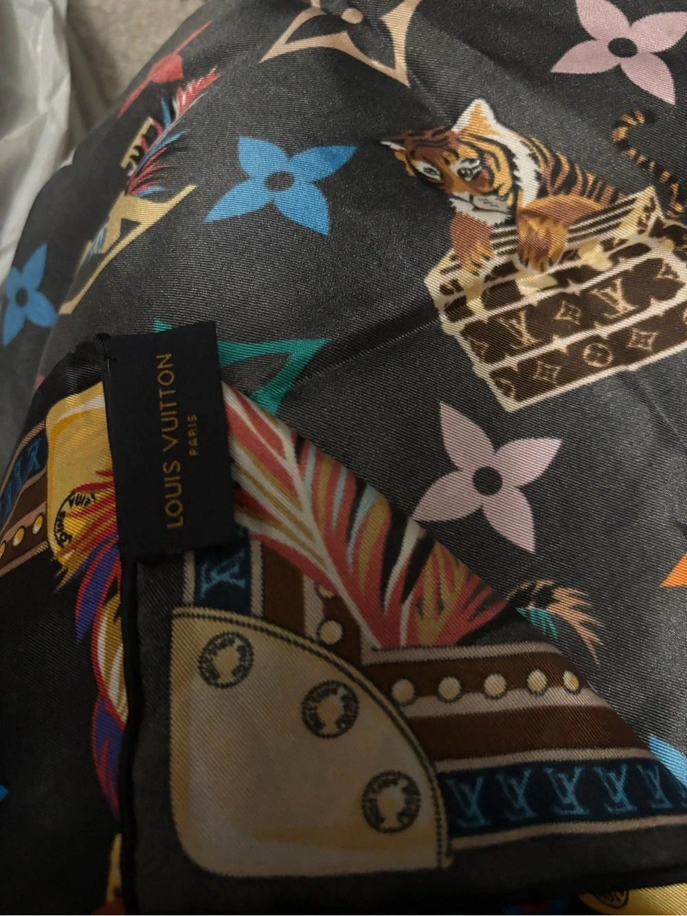 Silky Black Floral & Monogram Scarf